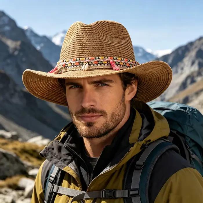 Chapeau de paille de cowboy à pompons pour la randonnée en plein air