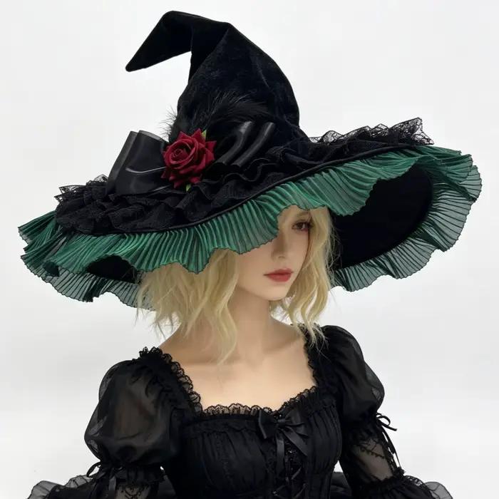 Chapeau de sorcière gothique Lolita à large bord, noir et violet, avec volants, dentelle et nœud rose, accessoires de costume pour Halloween, cosplay et soirées masquées