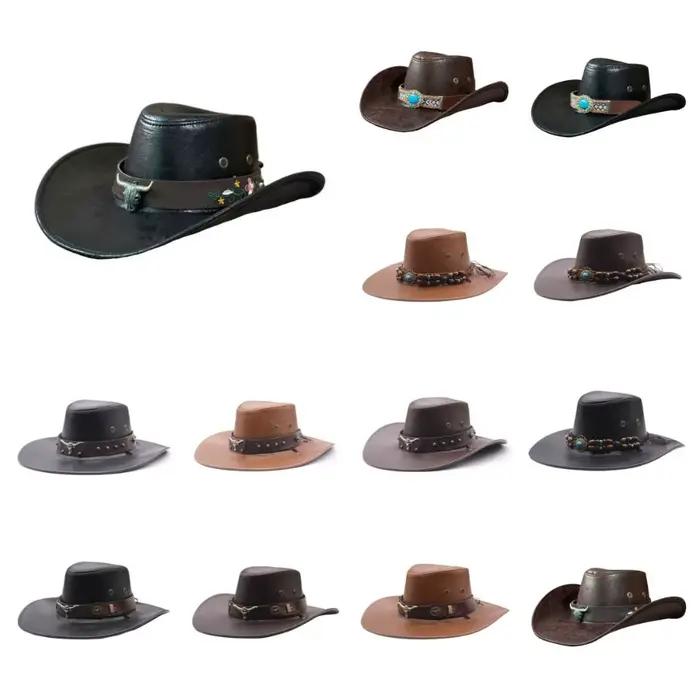Chapeau de cowboy western en cuir PU avec cordon de serrage