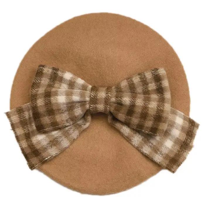 Béret à carreaux mode britannique japonais chapeau à nœud en mélange de coton et de laine femme occasions spéciales automne hiver shopping cosplay
