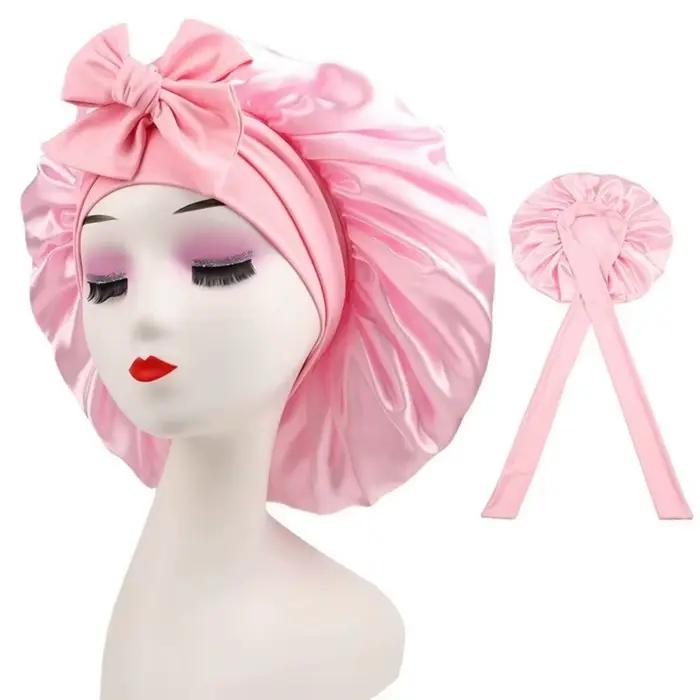 Bonnet de nuit en soie réglable avec bande à nouer pour femmes et hommes