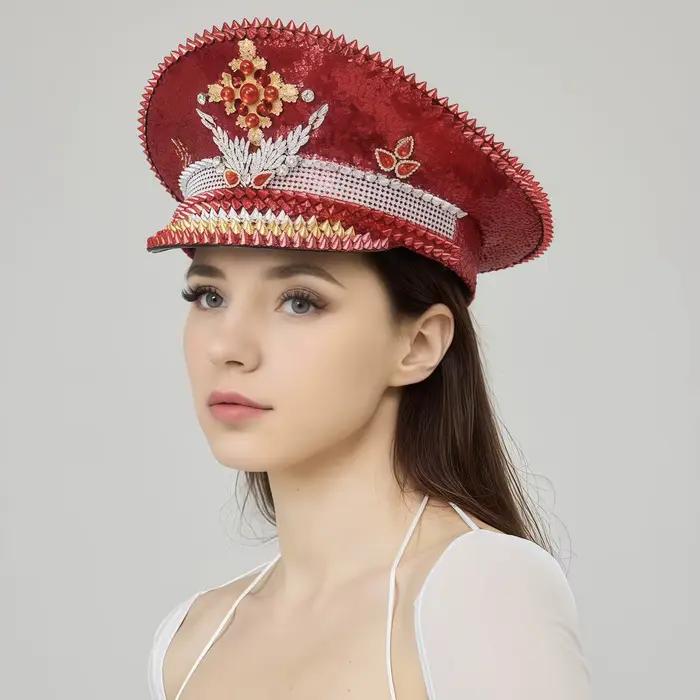 Chapeau de capitaine Steampunk rouge avec strass pour femme du festival Burningman