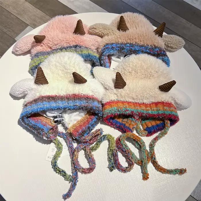 Chapeau coréen en peluche mignon pour homme et femme couvre-oreilles tricoté chaud résistant au froid et assorti avec tout pour l'automne et l'hiver