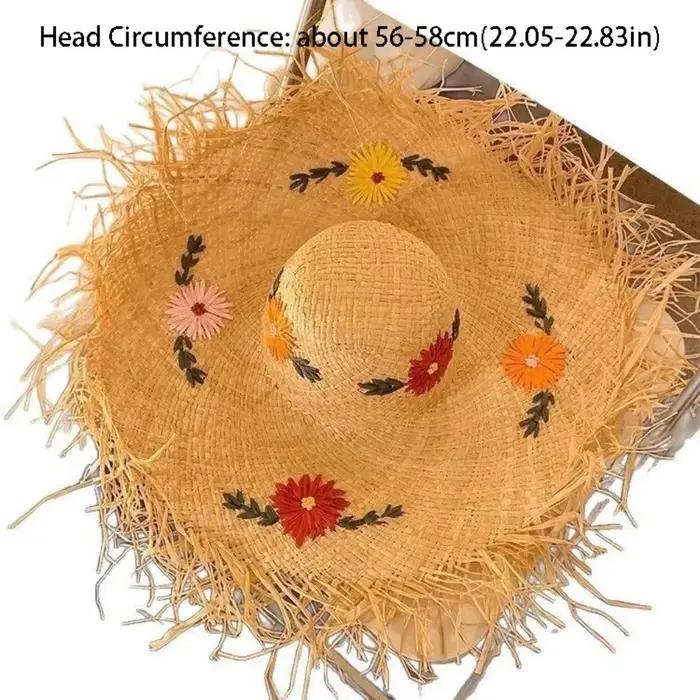 Chapeau de soleil bohème en paille de raphia à large bord brodé de fleurs