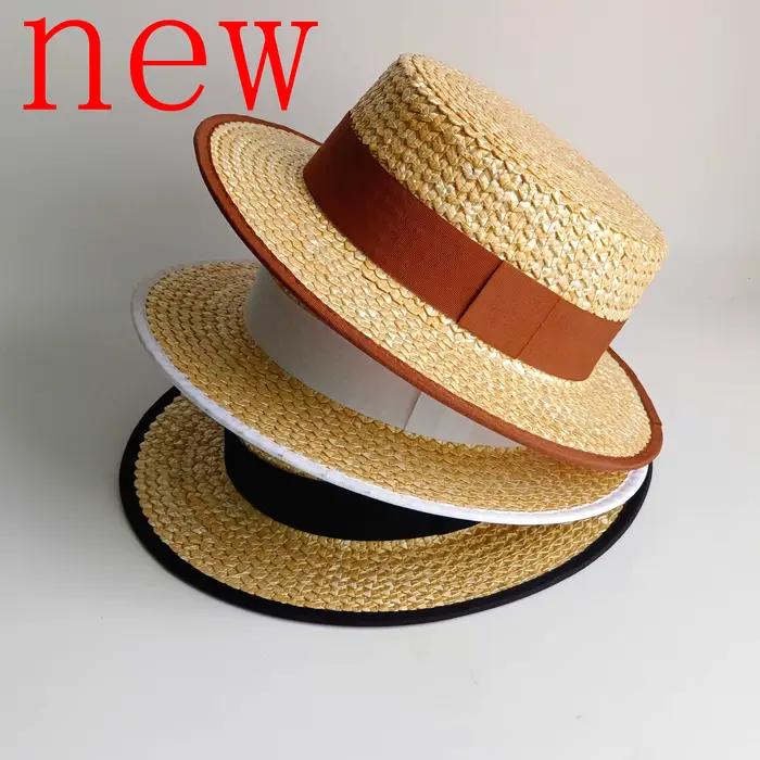 Chapeau de paille à dessus plat pour femme avec bordure