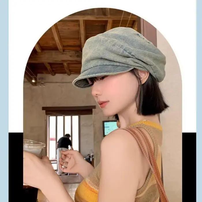 Béret femmes Vintage Denim octogonal chapeau bérets peintre casquette femme automne printemps chapeaux