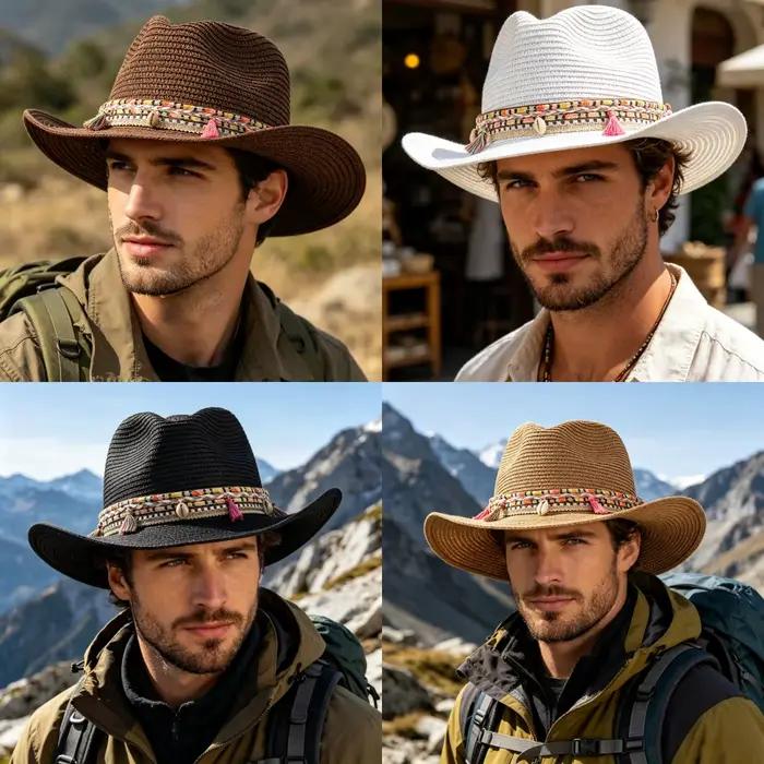 Chapeau de paille de cowboy à pompons pour la randonnée en plein air