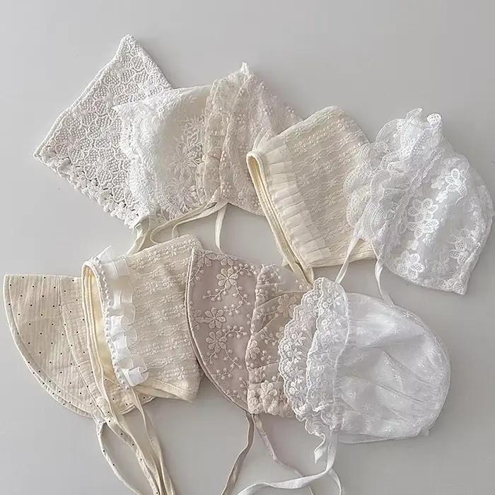 Nouveau bébé Bonnet dentelle nouveau-né fille baptême chapeau pour 0-6 mois filles coton été infantile