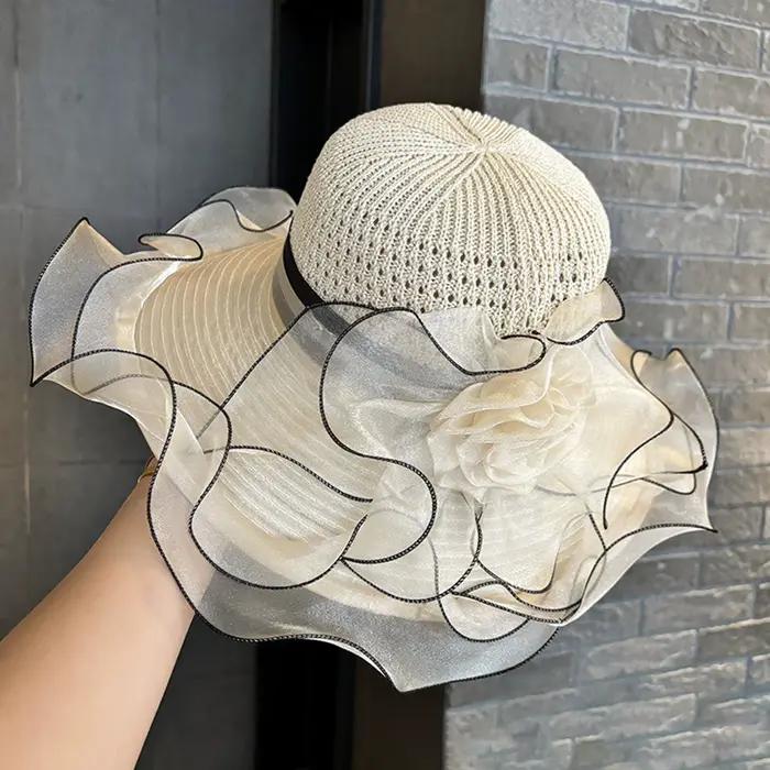 Chapeaux d'église élégants à volants en Organza à large bord pour femmes]