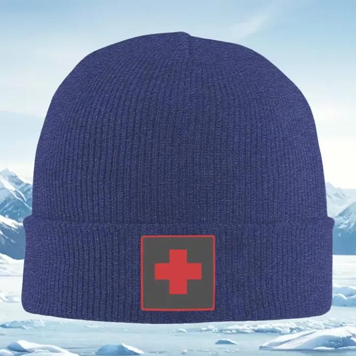 Nouveau bonnet tricoté unisexe avec symbole médical croix rouge