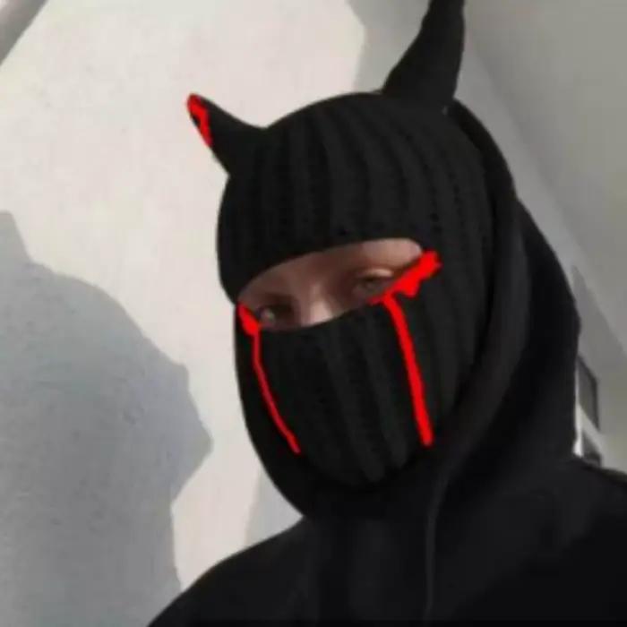 Cornes drôles chapeau tricoté Cosplay Halloween mascarade bonnets chaud couverture complète du visage masque de Ski