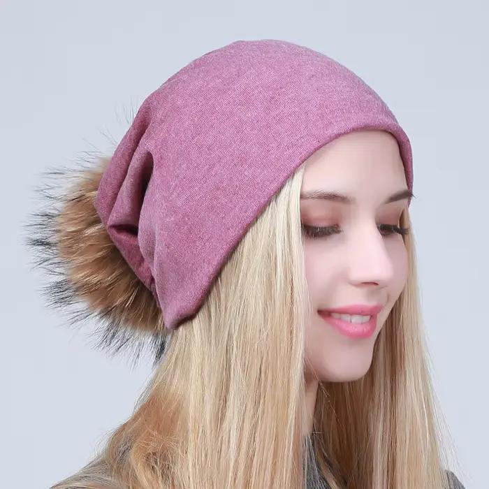 Geebro bonnet femme avec pompon printemps coton bonnets chapeaux avec fourrure de raton laveur