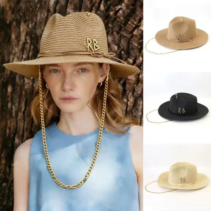 Chapeau de paille tendance avec lettres métalliques RB pour femmes et hommes
