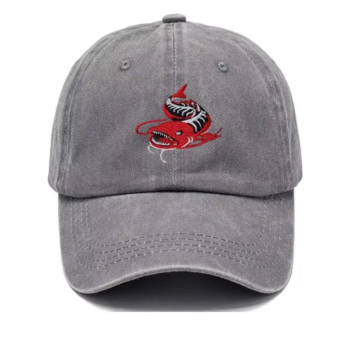 Casquette de baseball grise délavée unisexe motif brodé poisson pêcheur réglable pour la pêche et les sports décontractés