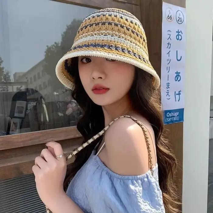 Chapeau bob tricoté coloré à rayures style coréen pour femmes protection solaire plage été toutes saisons