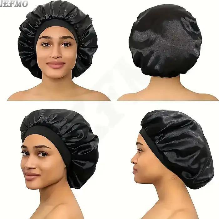 Bonnet de sommeil en satin de soie pour cheveux bouclés, bonnet de douche élastique pour protection des cheveux, grande bande souple et large pour dormir et se baigner
