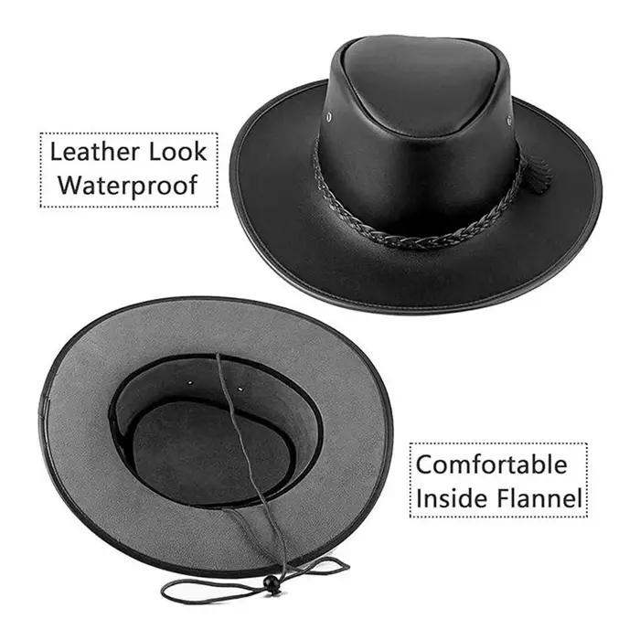 Combhasaki Chapeaux de cow-girl occidental pour hommes avec ficelle réglable en cuir artificiel à large bord pour