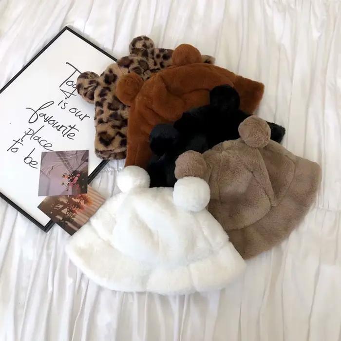 Épais filles automne hiver oreilles d'ours léopard femmes seau chapeaux bassin chapeau pêcheur