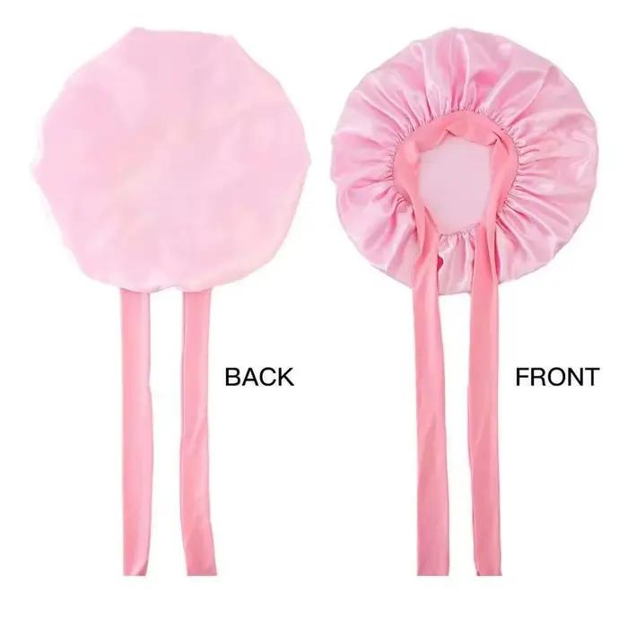 Bonnet de nuit en satin soyeux uni avec large bande extensible réglable et lien de fixation pour cheveux