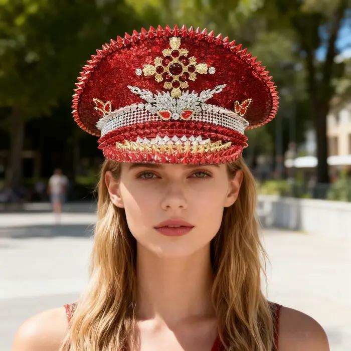 Chapeau de capitaine Steampunk rouge avec strass pour femme du festival Burningman