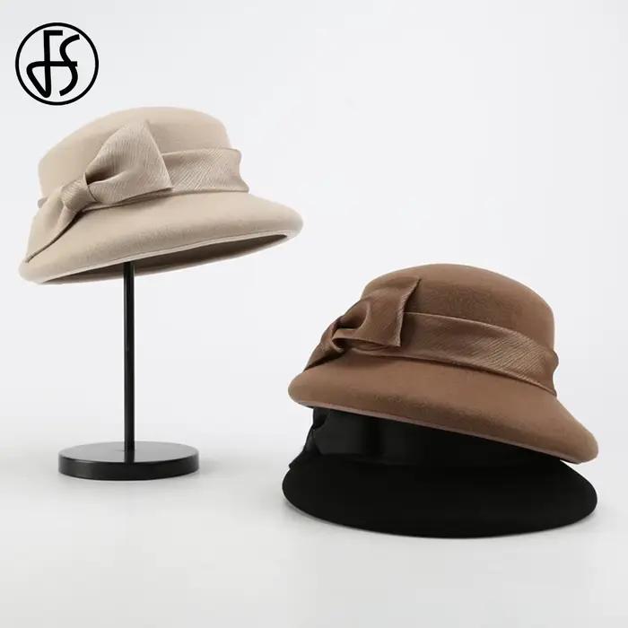 Fedoras en feutre de laine pour femmes avec nœud papillon