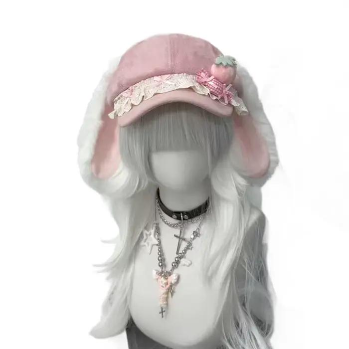 Casquette de baseball rose à oreilles de lapin en dentelle
