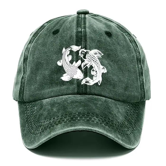 Casquette de baseball délavée à l'eau avec imprimé poisson Yin-Yang - Chapeau unisexe réglable avec symboles traditionnels chinois de poissons Koi