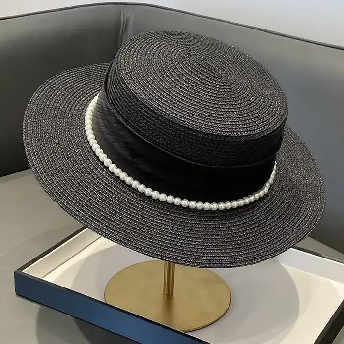 Chapeaux de soleil plats avec chaîne de perles pour femmes