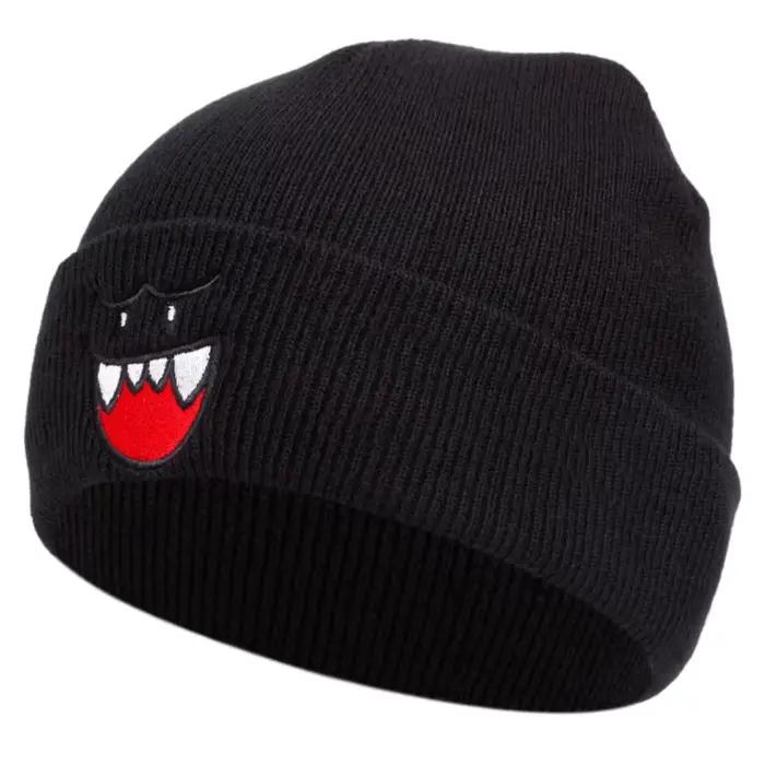 Chapeau tricoté aux expressions heureuses dessin animé sportif pour adultes hiver ski activités de plein air