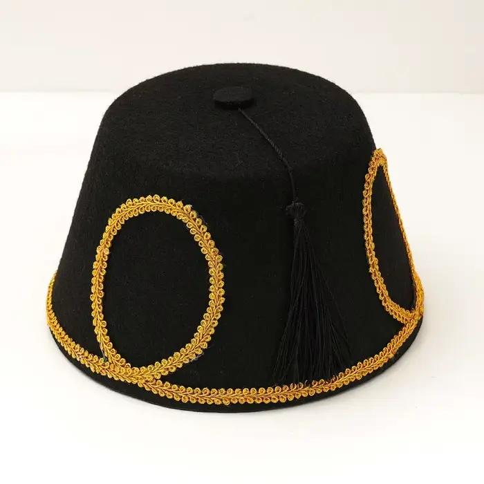 Chapeau Fez turc noir à pompon en feutre de polyester avec bordure dorée, casquette marocaine multifonctionnelle pour homme et femme, quatre saisons, extérieur
