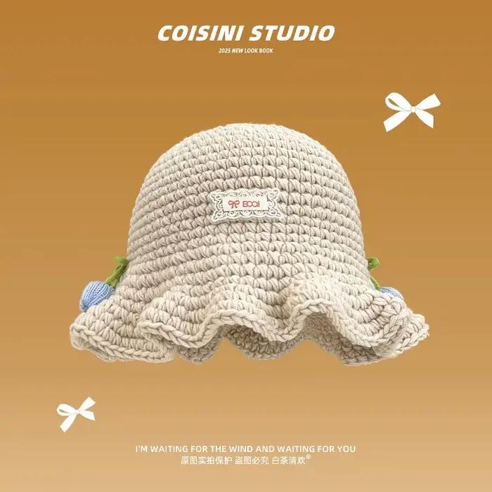 Ins doux tulipe autocollant à volants bord tricoté seau chapeaux femmes automne hiver voyage mode chaud polyvalent pull décontracté casquette