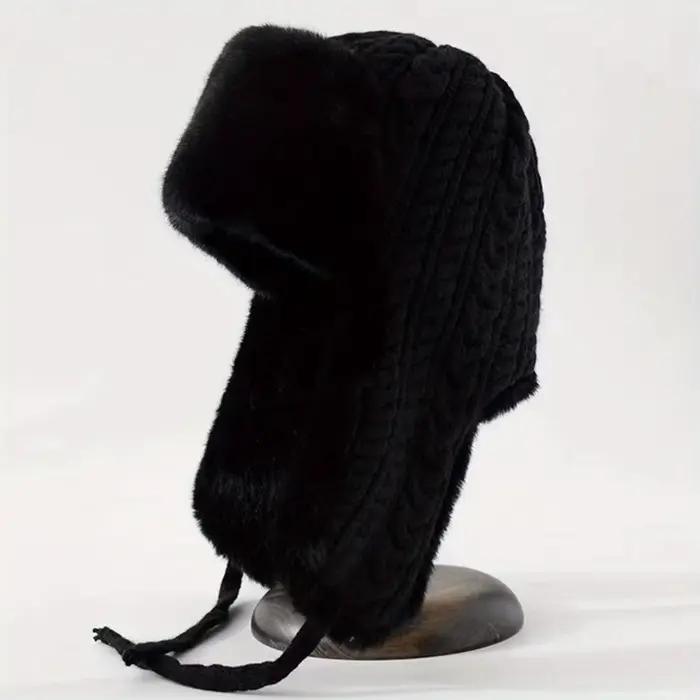 Chapeau en tricot pour femmes avec oreillettes étendues, conception épaisse à nouer, style coréen, polyester, hiver, décontracté, tricoté