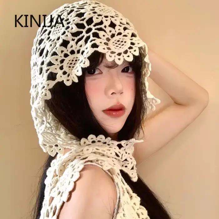 Japonais dentelle évider tricoté chapeau femmes ethnique Sle voyage photoaphy visage minceur aérien casquette foulard