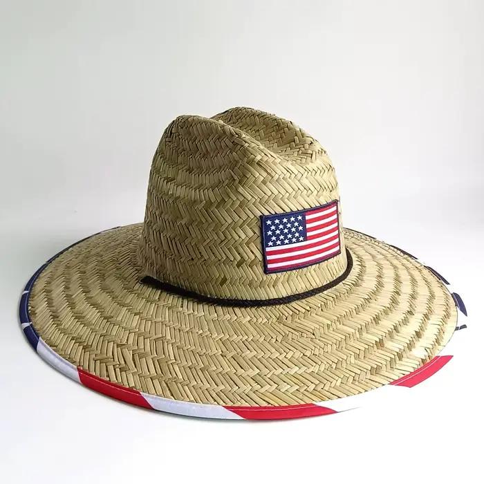 Chapeau de soleil en paille à large bord avec drapeau américain chapeau de sauveteur patriotique pour femmes été plage pêche activités extérieures