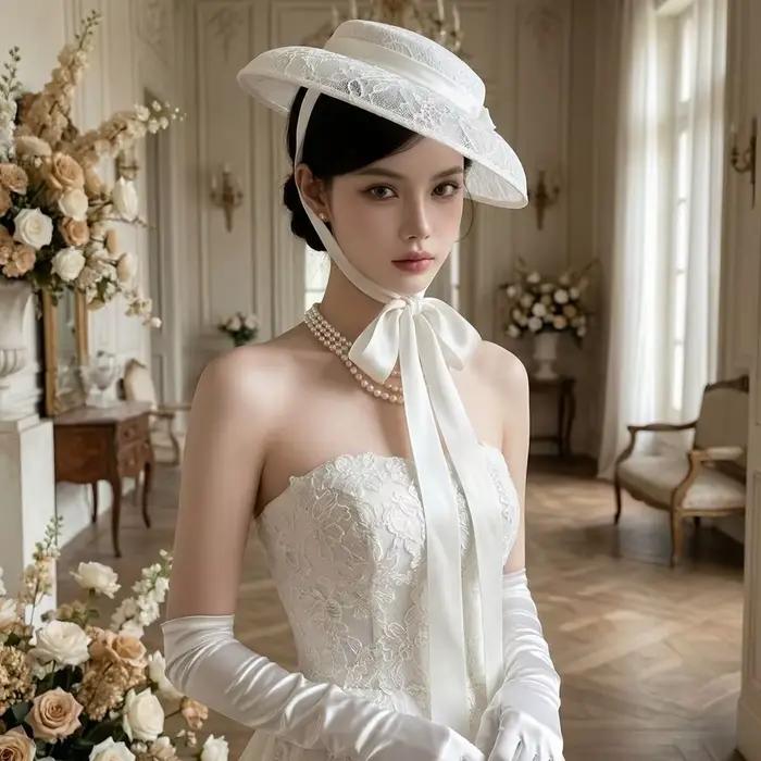 Chapeau Rétro Blanc en Dentelle à Nouer