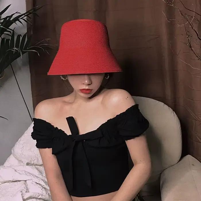 Chapeau de soleil uni tissé style rétro français pour femmes, bord large, protection solaire UPF 50+, ajustement parfait, occasions estivales et printanières