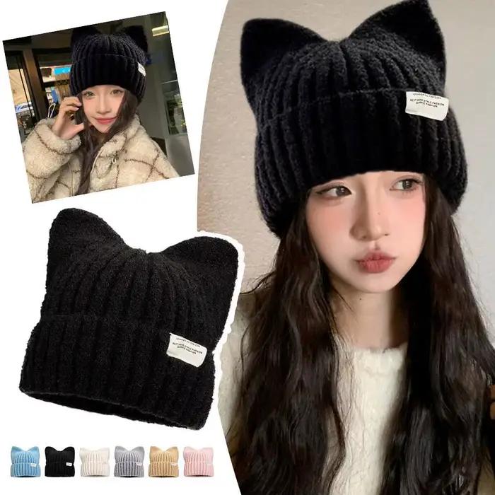 Casquette oreilles de chat mignon automne doux épaissi tricoté chapeaux et hiver chaud Protection