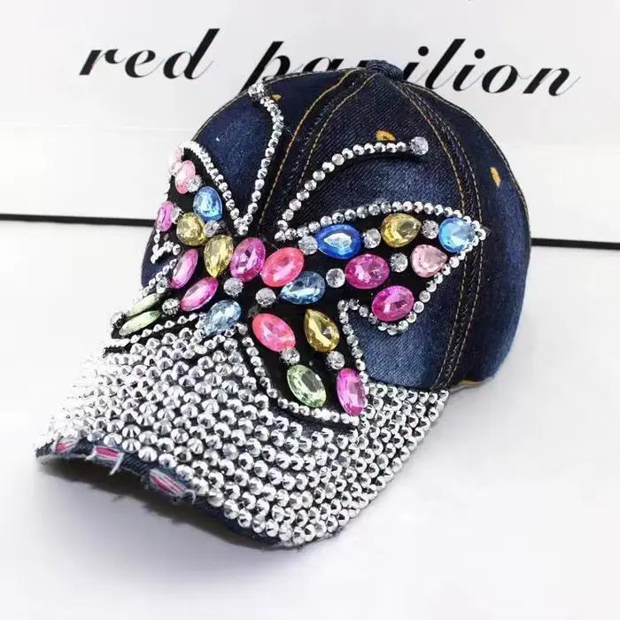 Casquette de Baseball d'automne femmes plein cristal coloré grand papillon chapeau Denim Bling strass casquettes