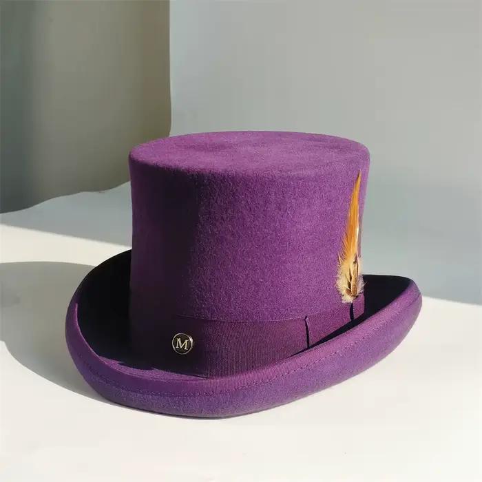 Haut chapeau en laine pour hommes, violet, magicien, chapeau britannique, haut-de-forme, fédras, quatre saisons, occasions formelles et cérémonies