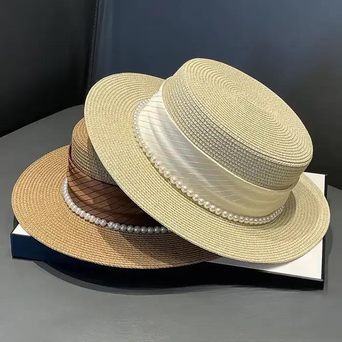 Chapeaux de soleil plats avec chaîne de perles pour femmes