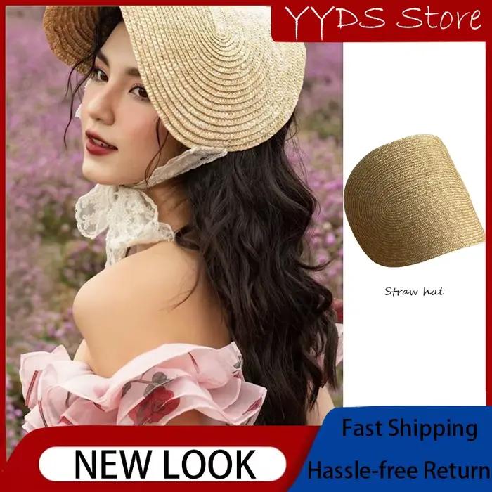 Chapeau de soleil rétro français en paille de blé avec nœud en dentelle monobloc pour femme