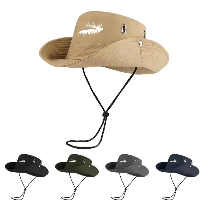 Chapeau de soleil d'extérieur à imprimé forêt de cerfs - Bob respirant à large bord avec sangle sous le menton - Idéal pour la randonnée et le camping