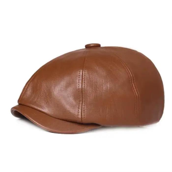 1 PC Retro Octagonal Chapeau en Cuir Autumn Men's Beret Elegant Fashion Cap Caps Pour Hommes Femmes