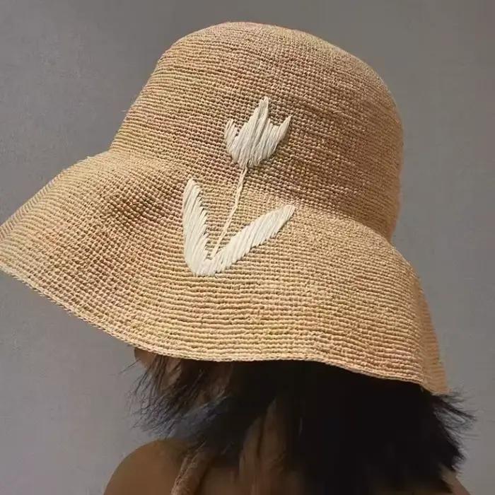 Nouveau Chapeau de Soleil en Raphia Naturel Tressé à la Main pour Femme 2026 – Protection Solaire UV Été