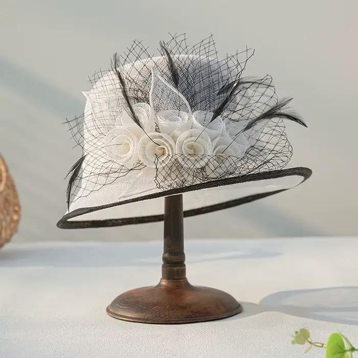 Chapeau de cérémonie élégant en gaze de lin pour femmes, style philippin, motif floral, idéal pour les banquets et cérémonies春夏秋冬季均适用的女士菲律宾风格精致宴会仪式礼帽，亚麻纱材质，花卉图案，适合宴会和典礼场合