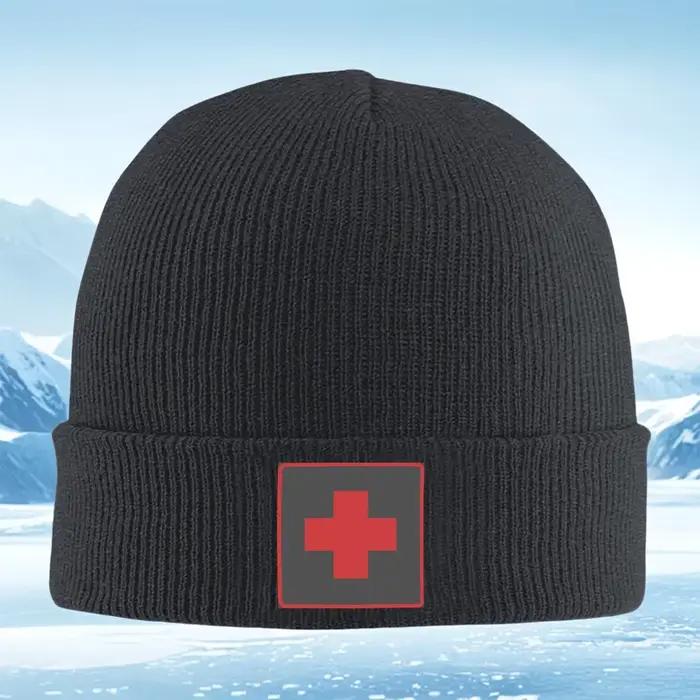 Nouveau bonnet tricoté unisexe avec symbole médical croix rouge