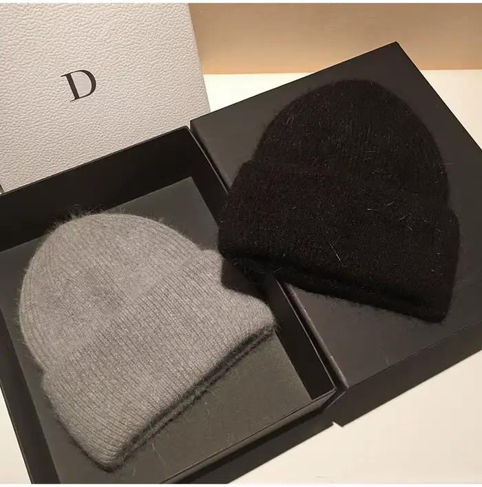 Bonnets en fourrure de lapin doux chaud moelleux chapeau d'hiver pour femmes Angora tricoté