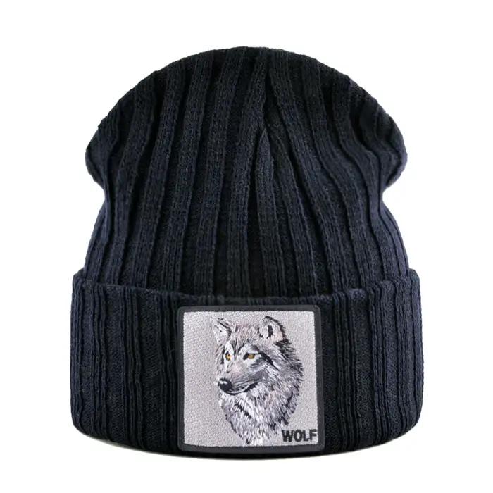 Bonnet pour hommes avec Patch de loup automne tricoté Skullies casquettes femmes hiver doux tricot
