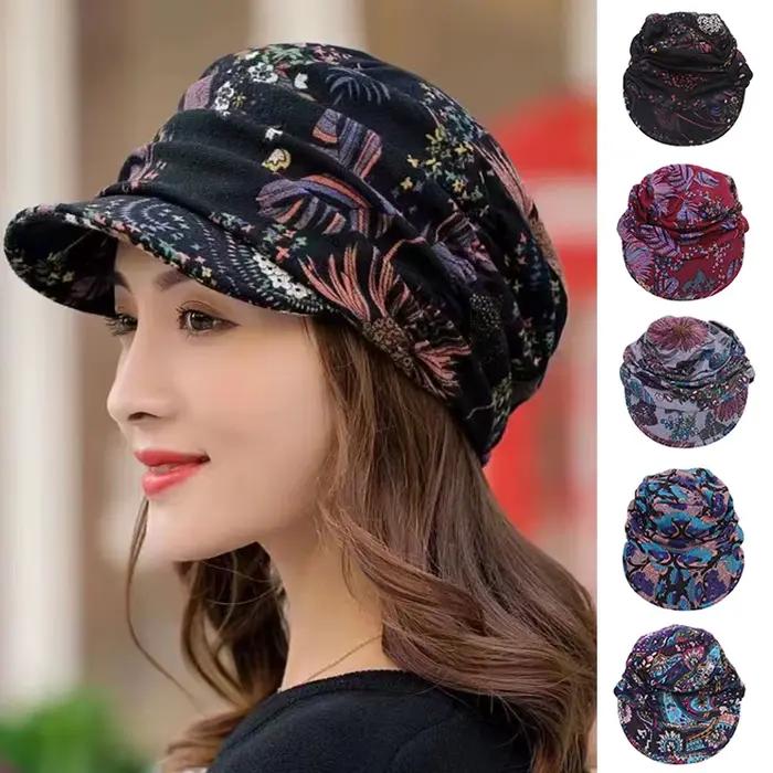 Casquette à visière pour femmes, style ethnique imprimé floral, matériau acrylique ressemblant au cachemire, pour hiver et occasions décontractées