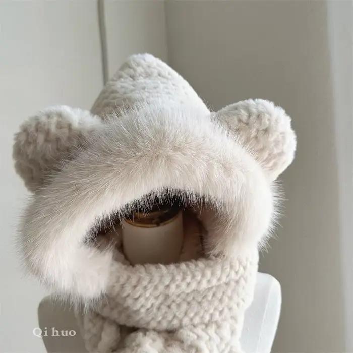 Chapeau écharpe gants trois pièces casquette chaude en peluche bavoir hiver fille russe Toboggan moelleux tricoté bonnets